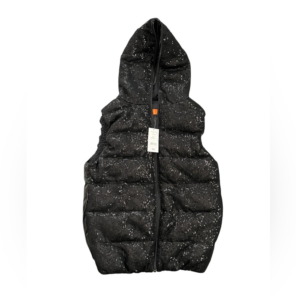 NWT Joe Fresh Sparkle Sequins Black Sleeveless Hooded Puffer Vest Size S